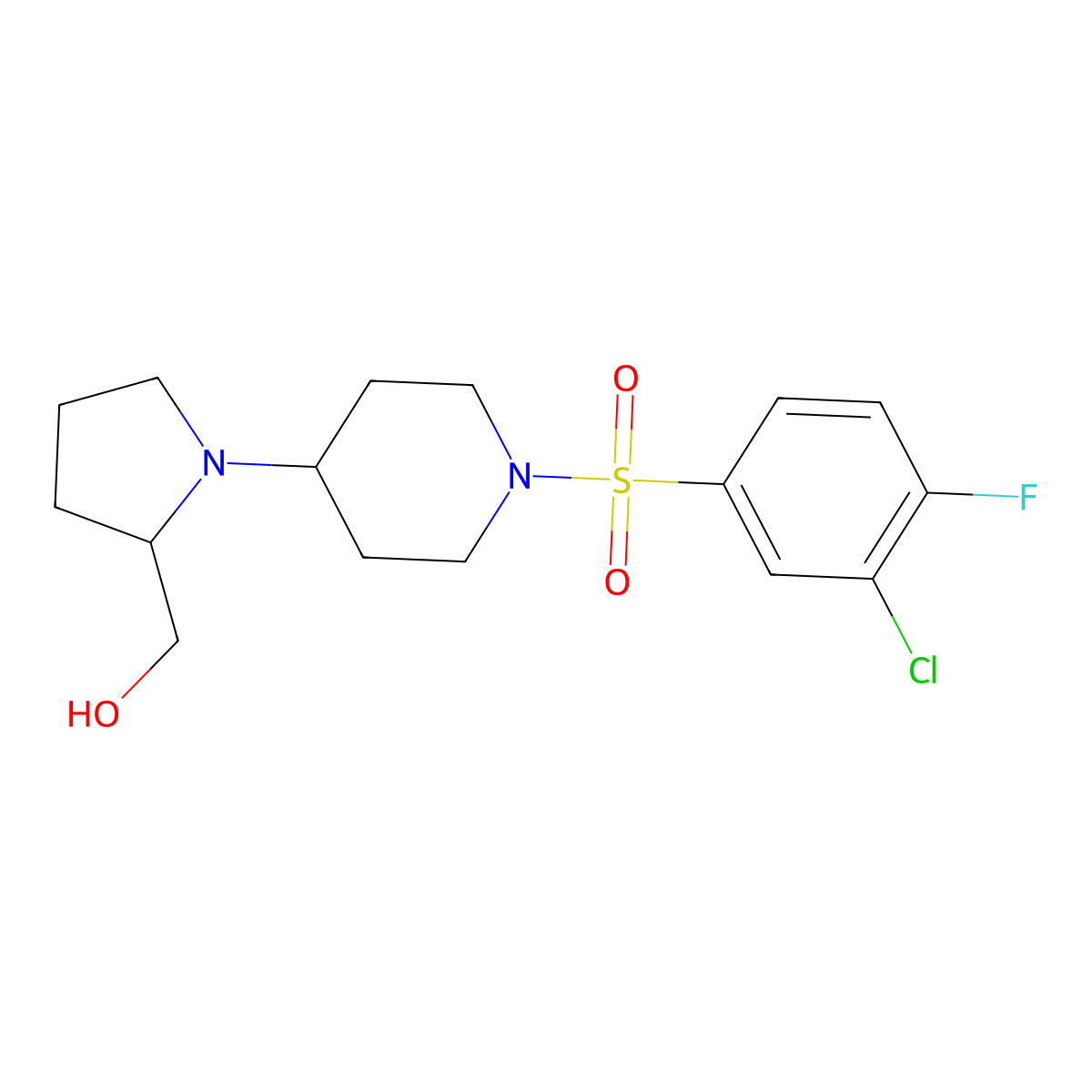 (1-(1-((3-Chloro-4-fluorophenyl)sulfonyl)piperidin-4-yl)pyrrolidin-2-yl)methanol molecular structure, CAS 1448137-61-8