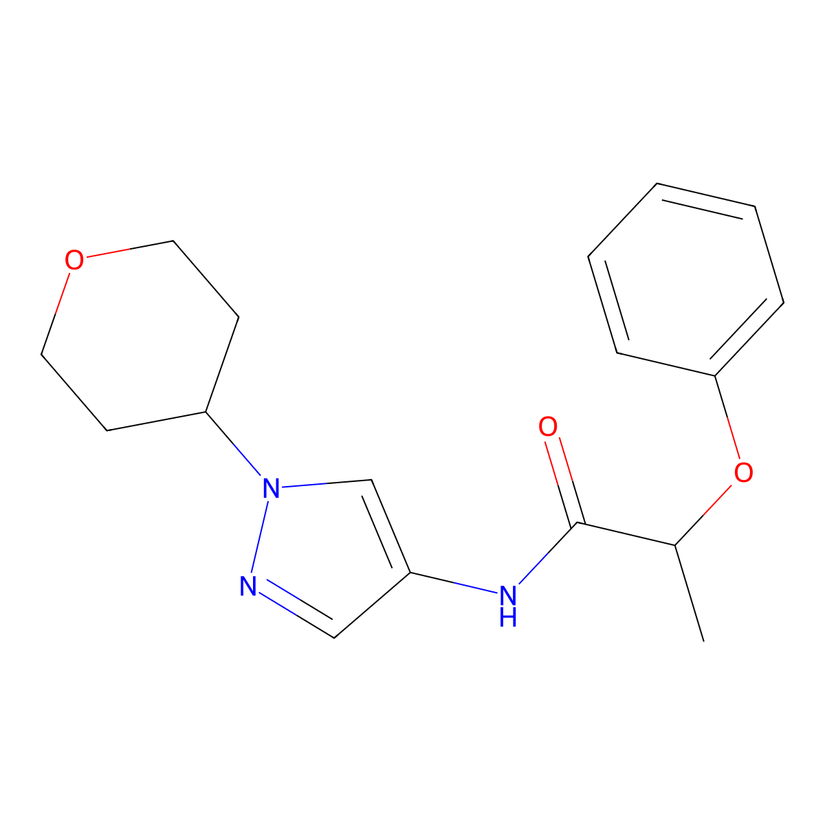 2-phenoxy-N-(1-(tetrahydro-2H-pyran-4-yl)-1H-pyrazol-4-yl)propanamide molecular structure, CAS 1448137-72-1