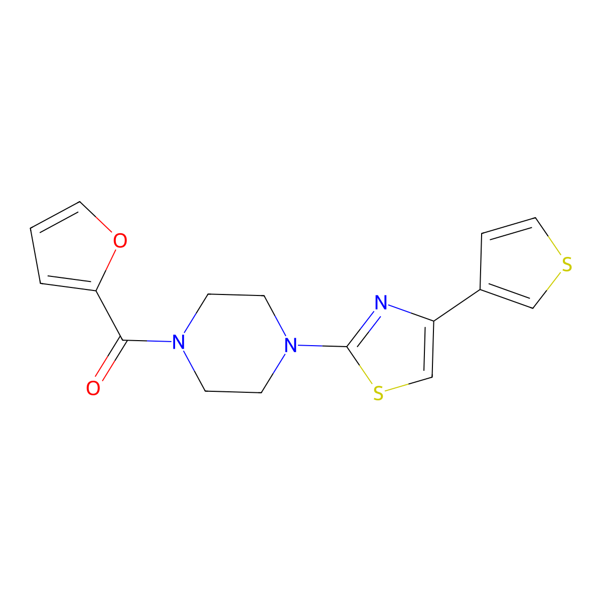 Furan-2-yl(4-(4-(thiophen-3-yl)thiazol-2-yl)piperazin-1-yl)methanone molecular structure, CAS 1448137-76-5