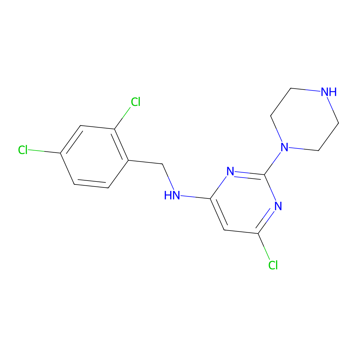 6-Chloro-N-(2,4-dichlorobenzyl)-2-(piperazin-1-yl)pyrimidin-4-amine molecular structure, CAS 1448166-10-6