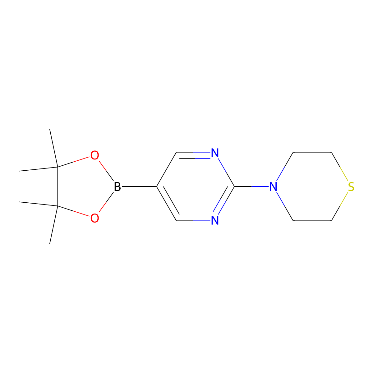4-(5-(4,4,5,5-Tetramethyl-1,3,2-dioxaborolan-2-YL)pyrimidin-2-YL)thiomorpholine molecular structure, CAS 1448172-69-7