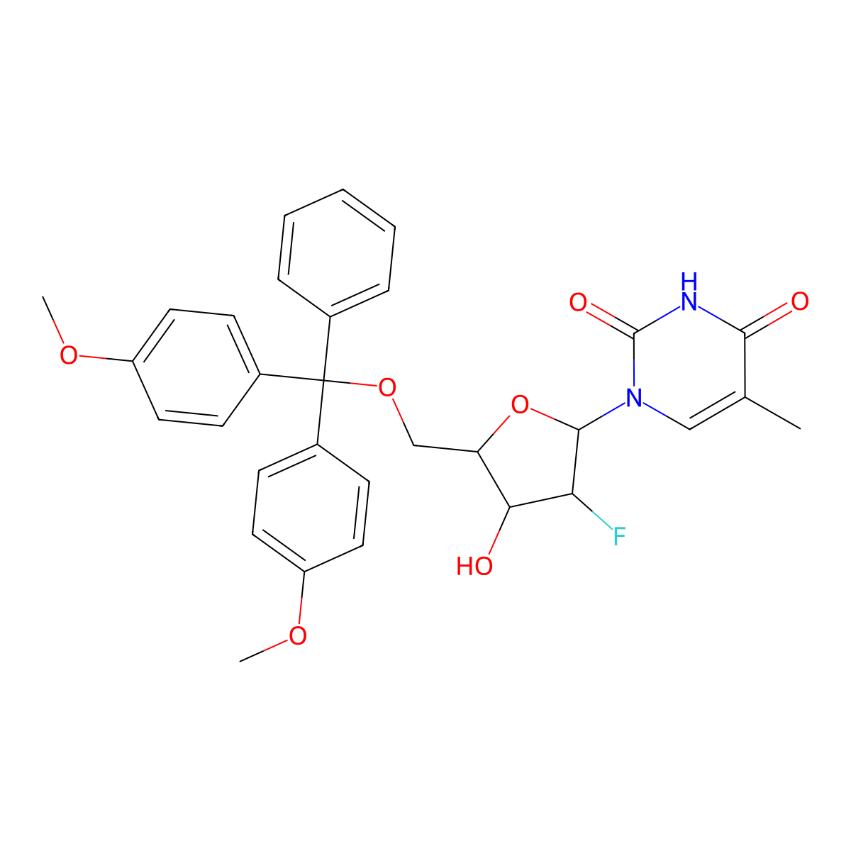 1-[(3S,4R,5R)-5-[[Bis(4-methoxyphenyl)-phenylmethoxy]methyl]-3-fluoro-4-hydroxyoxolan-2-yl]-5-methylpyrimidine-2,4-dione molecular structure, CAS 144822-48-0