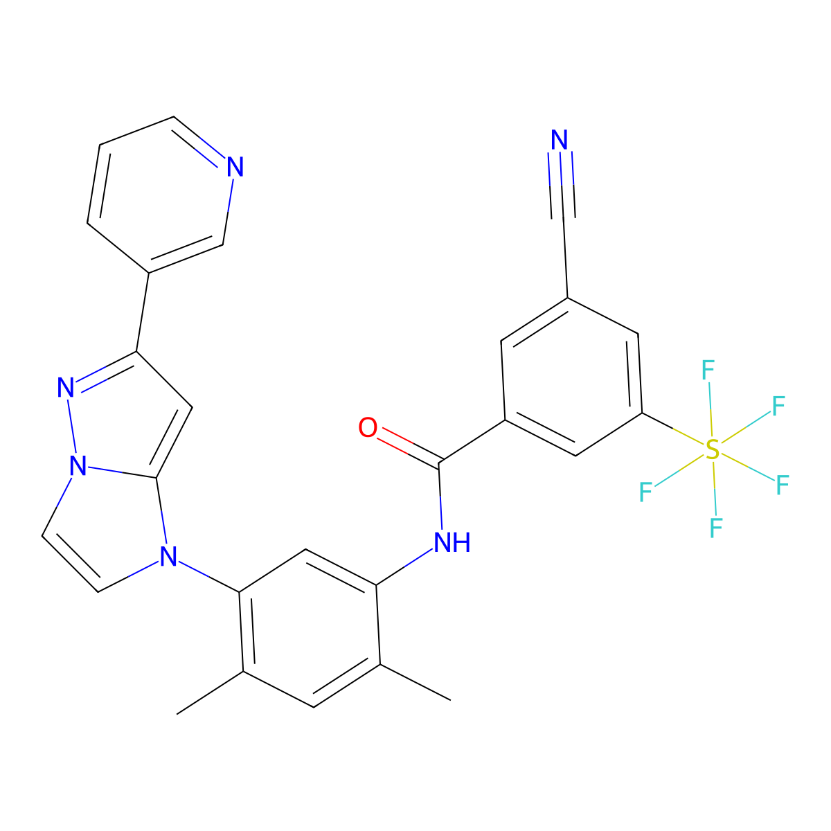 [3-Cyano-5-[[[2,4-dimethyl-5-[6-(3-pyridinyl)-1H-imidazo[1,2-b]pyrazol-1-yl]phenyl]amino]carbonyl]phenyl]pentafluorosulfur molecular structure, CAS 1448316-08-2