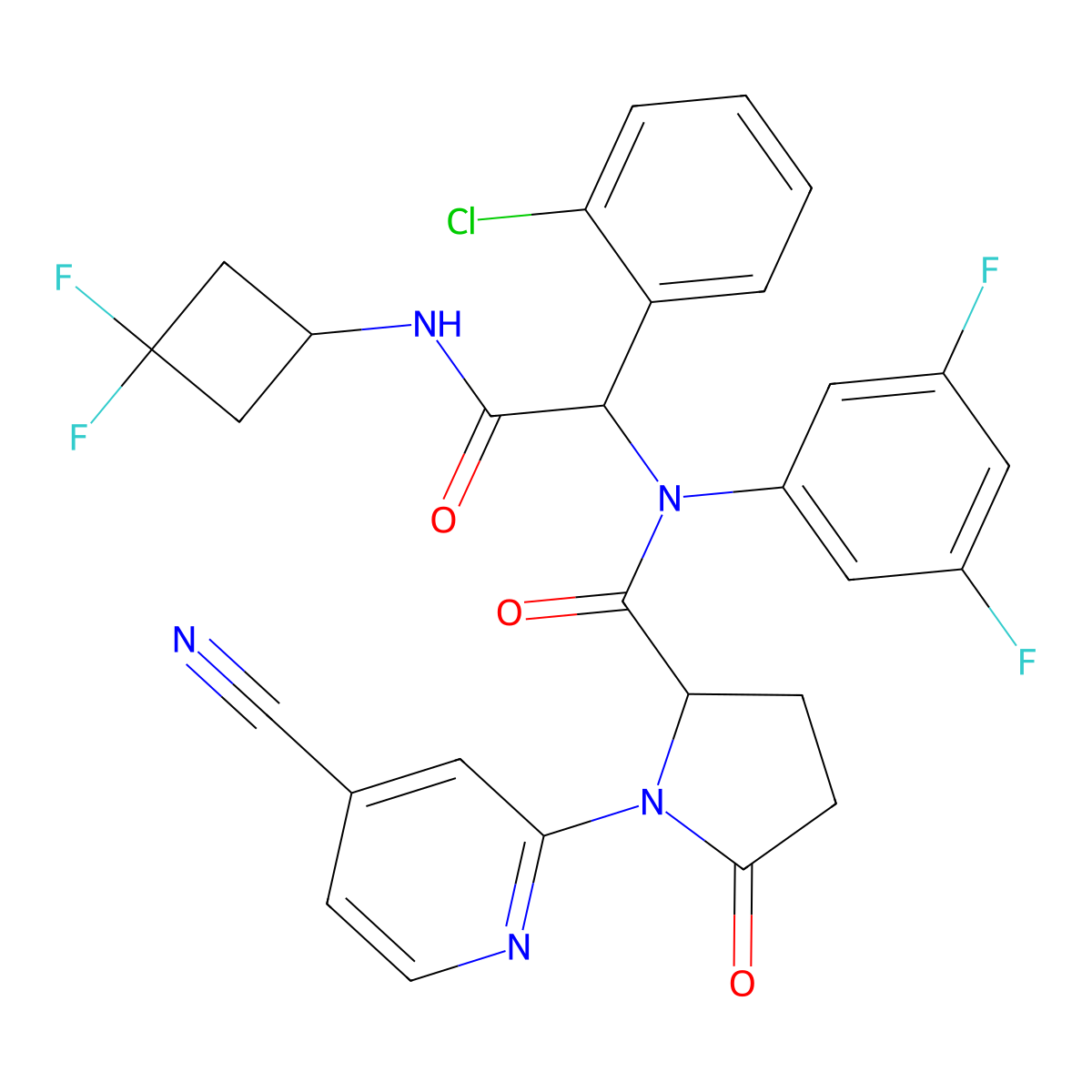 (2S)-N-[(1S)-1-(2-chlorophenyl)-2-[(3,3-difluorocyclobutyl)amino]-2-oxoethyl]-1-(4-cyano-2-pyridinyl)-N-(3,5-difluorophenyl)-5-oxopyrrolidine-2-carboxamide molecular structure, CAS 1448346-43-7