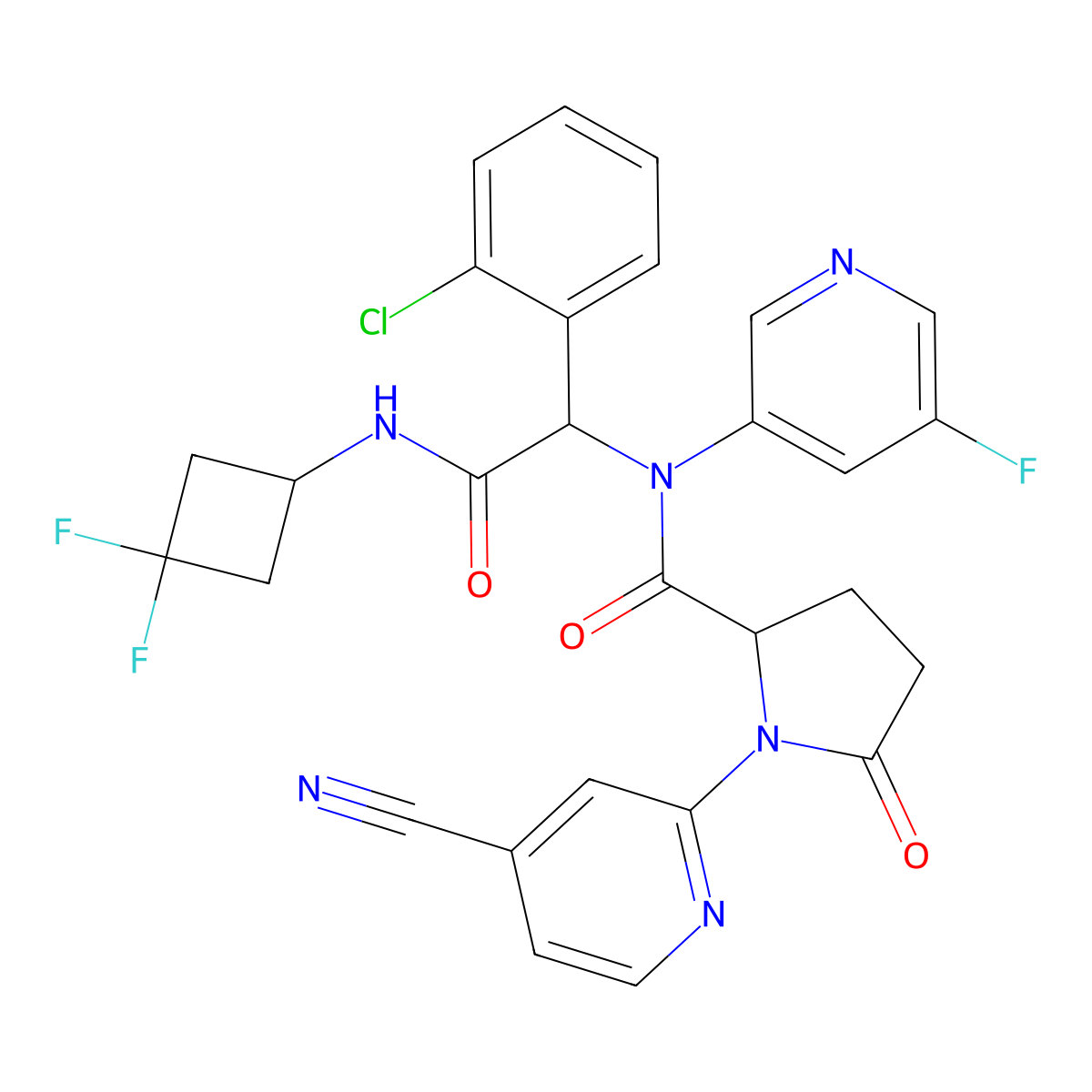 (2S)-N-(1-(2-chlorophenyl)-2-((3,3-difluorocyclobutyl)amino)-2-oxoethyl)-1-(4-cyanopyridin-2-yl)-N-(5-fluoropyridin-3-yl)-5-oxopyrrolidine-2-carboxamide molecular structure, CAS 1448346-63-1