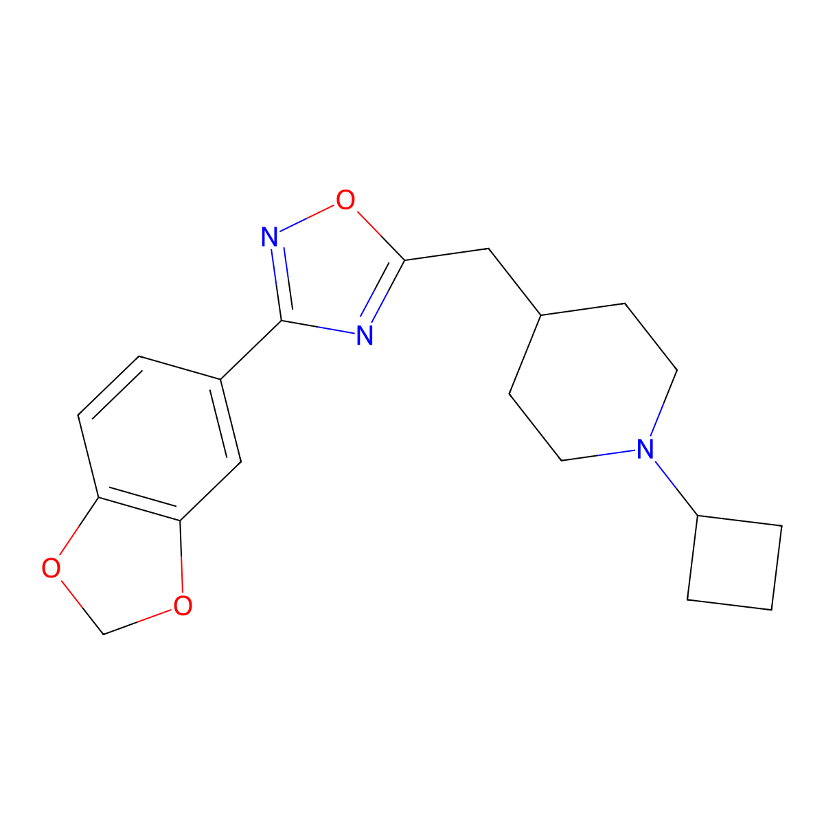 3-(Benzo[d][1,3]dioxol-5-yl)-5-((1-cyclobutylpiperidin-4-yl)methyl)-1,2,4-oxadiazole molecular structure, CAS 1448422-61-4
