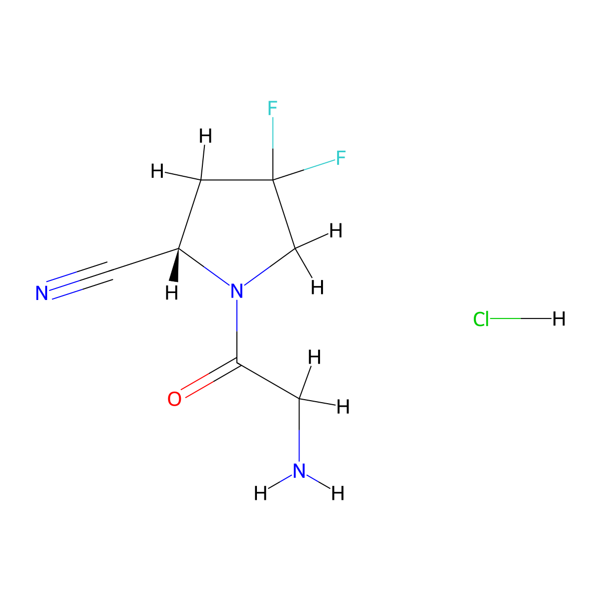 2-Pyrrolidinecarbonitrile, 1-(2-aminoacetyl)-4,4-difluoro-, hydrochloride (1:1), (2S)- molecular structure, CAS 1448440-51-4