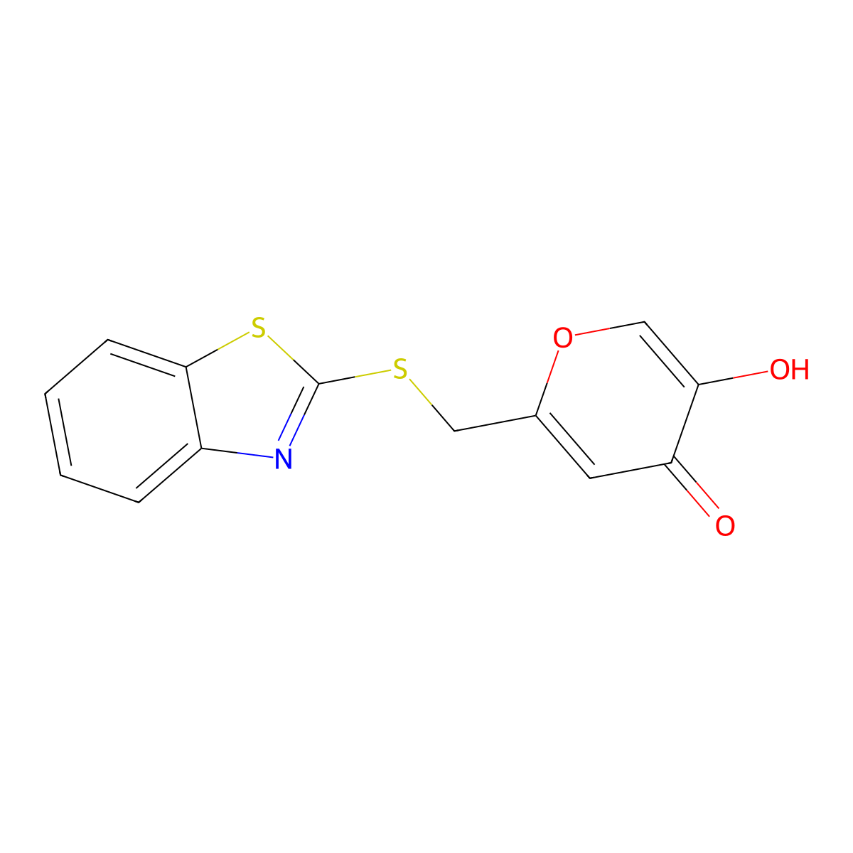 2-((benzo[d]thiazol-2-ylthio)methyl)-5-hydroxy-4H-pyran-4-one molecular structure, CAS 144882-20-2