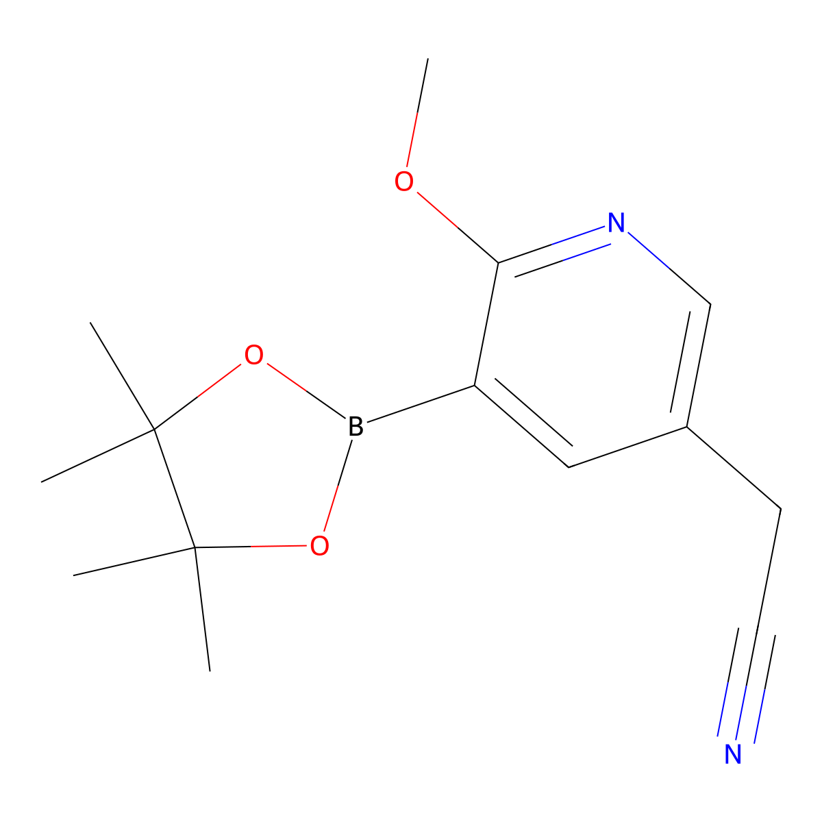 2-[6-Methoxy-5-(4,4,5,5-tetramethyl-1,3,2-dioxaborolan-2-yl)-3-pyridinyl]acetonitrile molecular structure, CAS 1448871-67-7