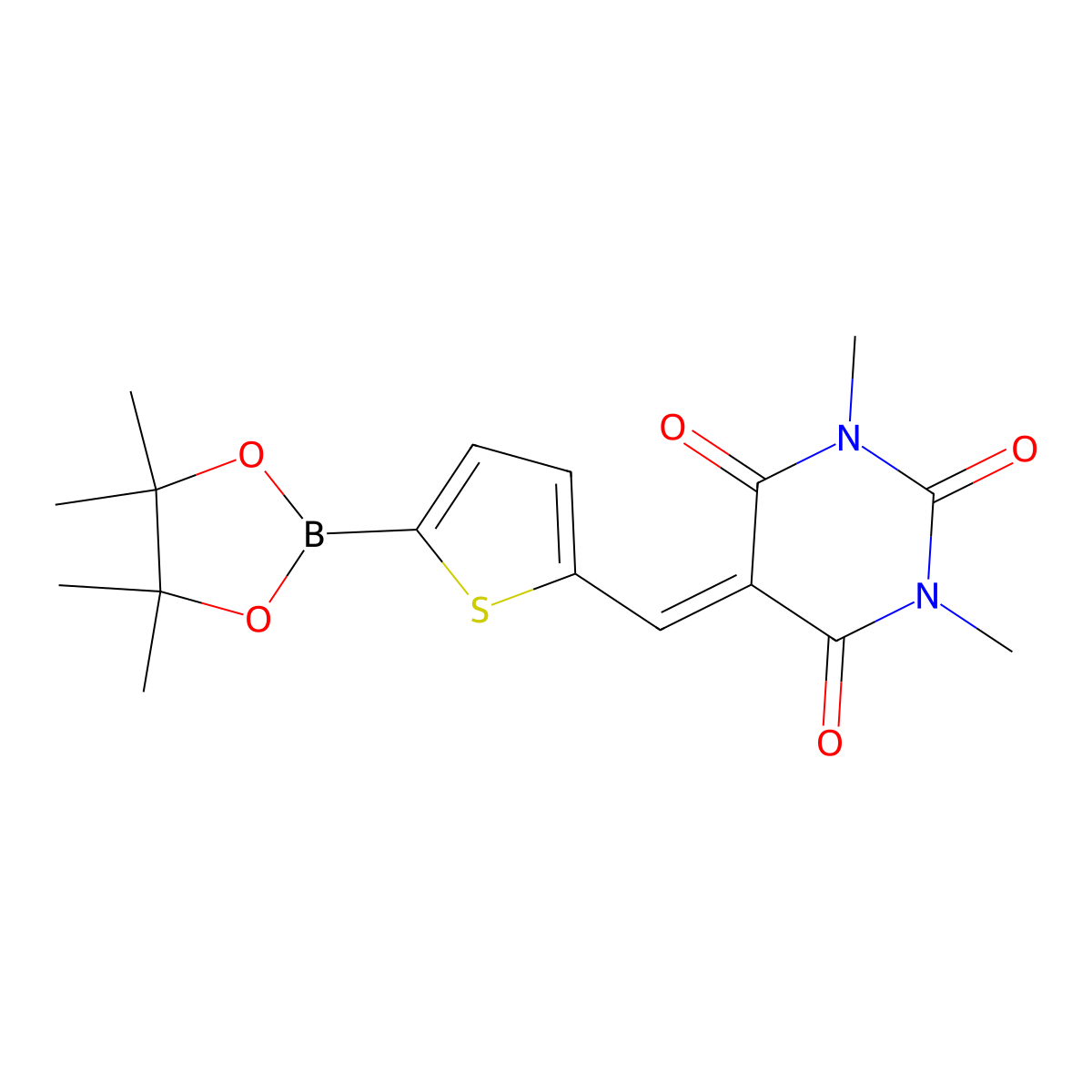 1,3-Dimethyl-5-(5-(4,4,5,5-tetramethyl-(1,3,2)dioxaborolan-2-yl)-thiophen-2-ylmethylene)-pyrimidine-2,4,6-trione molecular structure, CAS 1449135-43-6