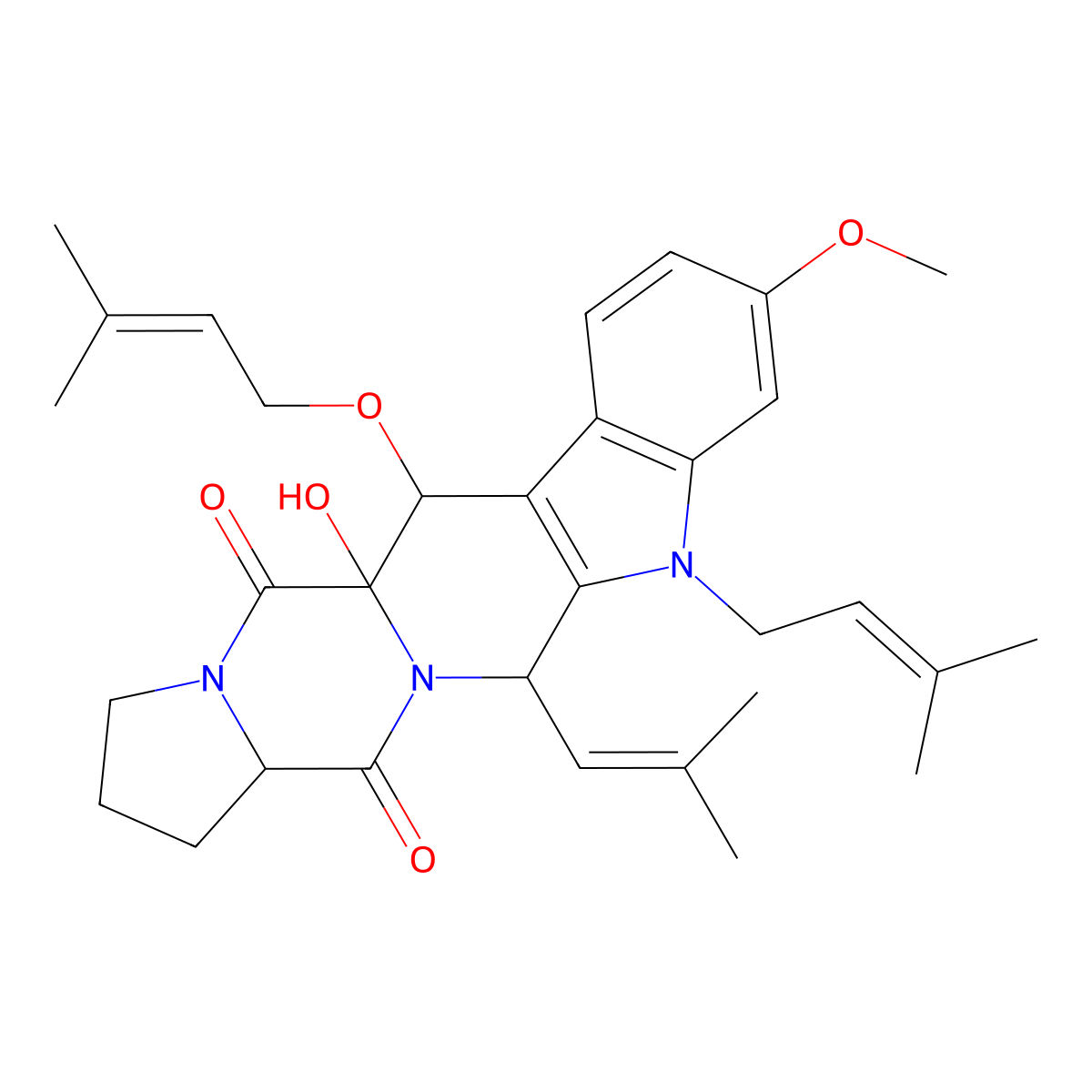 (5aR,6S,12S,14aS)-1,2,3,5a,6,11,12,14a-Octahydro-5a-hydroxy-9-methoxy-11-(3-methyl-2-buten-1-yl)-6-[(3-methyl-2-buten-1-yl)oxy]-12-(2-methyl-1-propen-1-yl)-5H,14H-pyrrolo[1'',2'':4',5']pyrazino[1',2':1,6]pyrido[3,4-b]indole-5,14-dione molecular structure, CAS 1449230-01-6