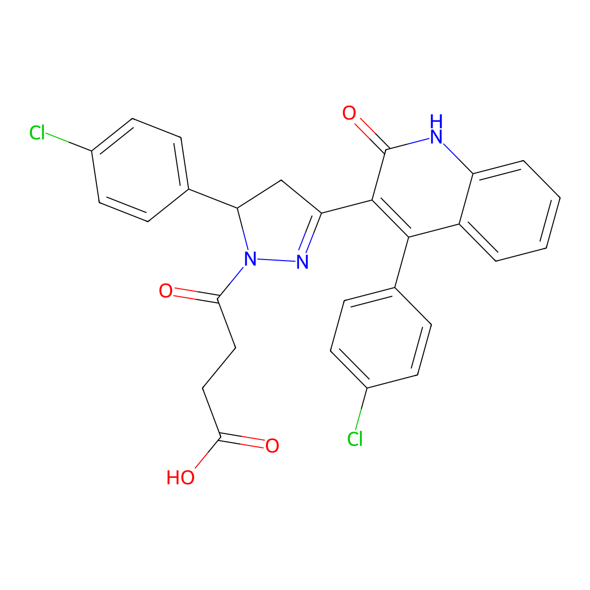 4-[3-(4-chlorophenyl)-5-[4-(4-chlorophenyl)-2-oxo-1H-quinolin-3-yl]-3,4-dihydropyrazol-2-yl]-4-oxobutanoic acid molecular structure, CAS 1449373-99-2