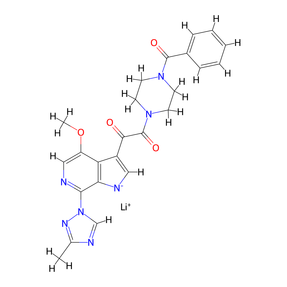 lithium 3-(2-(4-benzoylpiperazin-1-yl)-2-oxoacetyl)-4-methoxy-7-(3-methyl-1H-1,2,4-triazol-1-yl)pyrrolo[2,3-c]pyridin-1-ide molecular structure, CAS 1449413-05-1