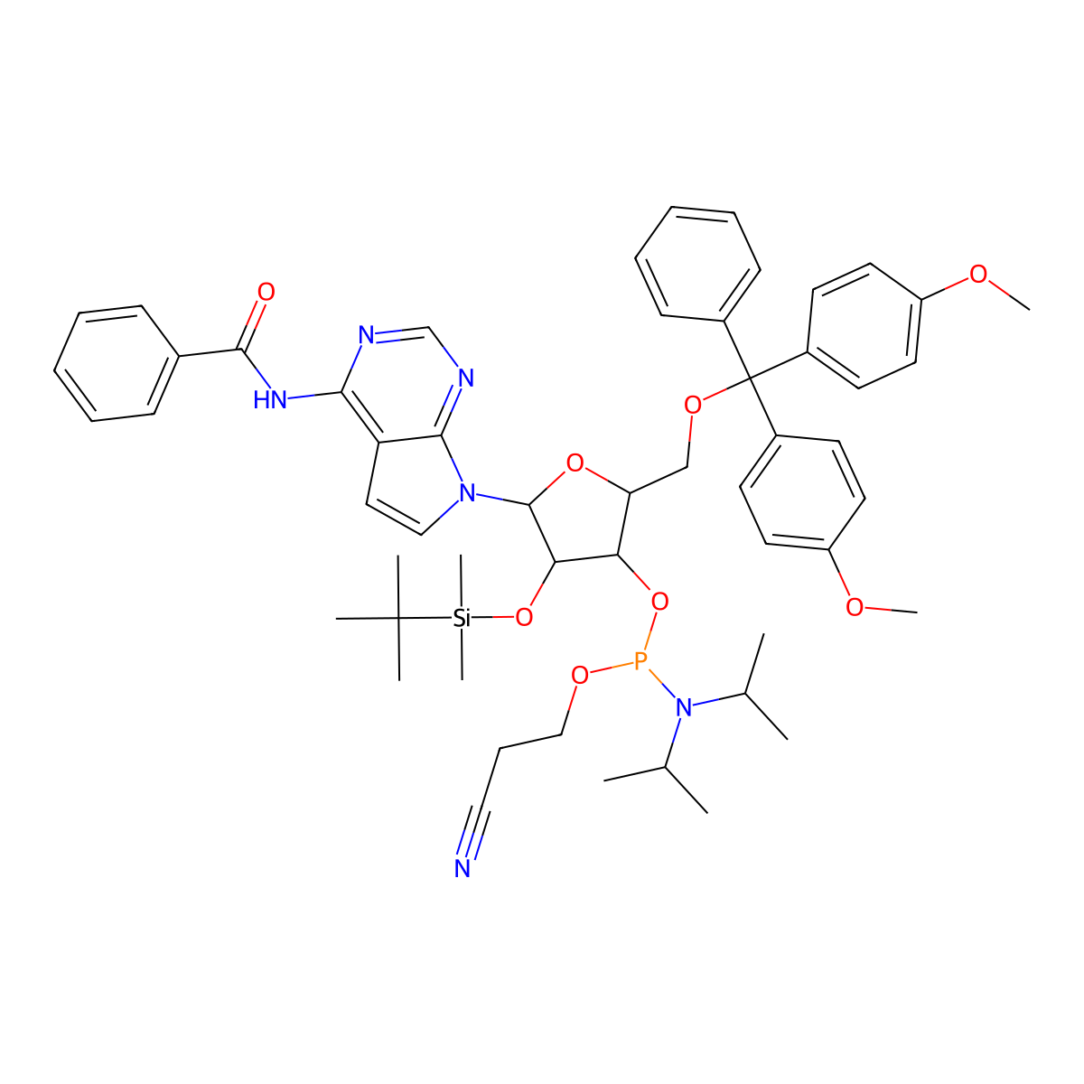 N6-Benzoyl-2'-tert-butyldimethylsilyl-7-deaza-5'-O-DMT-adenosine 3'-CE phosphoramidite molecular structure, CAS 144994-95-6