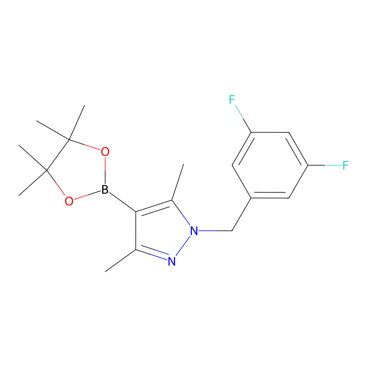 1-(3,5-Difluoro-benzyl)-3,5-dimethyl-4-(4,4,5,5-tetramethyl-[1,3,2]dioxaborolan-2-yl)-1H-pyrazole molecular structure, CAS 1450642-72-4