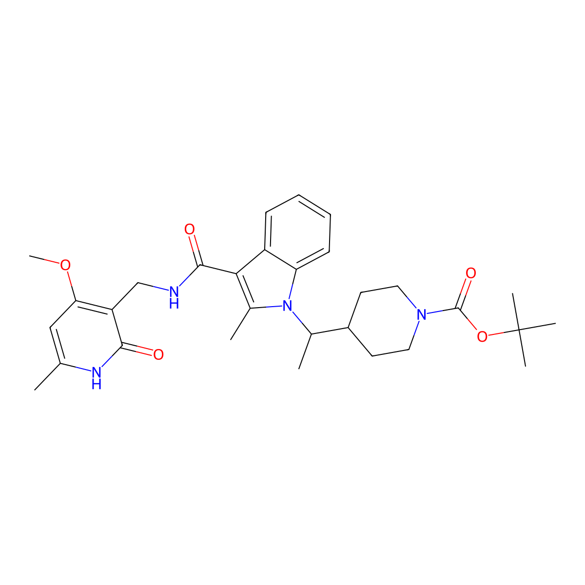 tert-Butyl 4-(1-(3-(((4-methoxy-6-methyl-2-oxo-1,2-dihydropyridin-3-yl)methyl)carbamoyl)-2-methyl-1H-indol-1-yl)ethyl)piperidine-1-carboxylate molecular structure, CAS 1450655-10-3