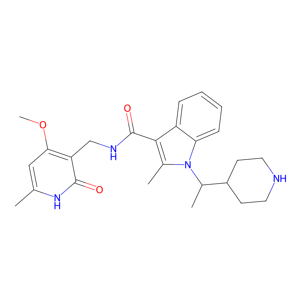 N-((4-methoxy-6-methyl-2-oxo-1,2-dihydropyridin-3-yl)methyl)-2-methyl-1-(1-(piperidin-4-yl)ethyl)-1H-indole-3-carboxamide molecular structure, CAS 1450655-12-5