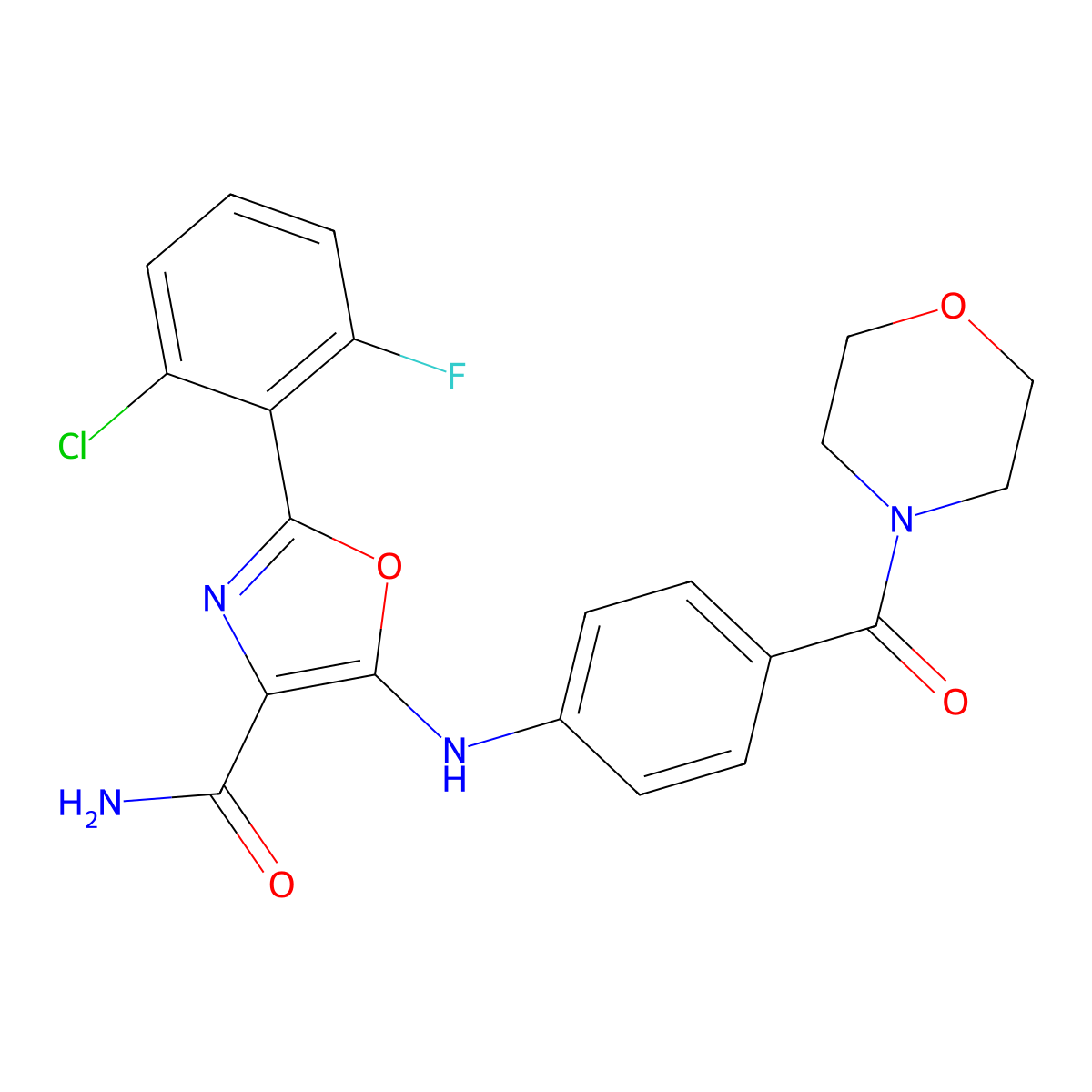 2-(2-Chloro-6-fluorophenyl)-5-((4-(morpholine-4-carbonyl)phenyl)amino)oxazole-4-carboxamide molecular structure, CAS 1450881-55-6