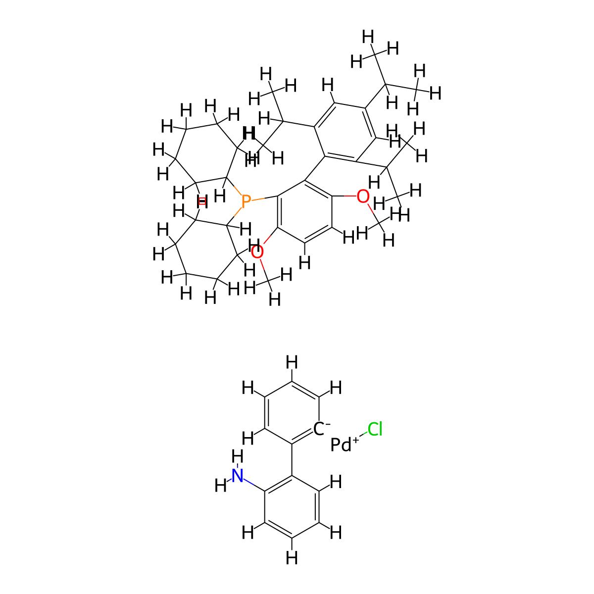 Chloro(2-dicyclohexylphosphino-3,6-dimethoxy-2',4',6'-tri-i-propyl-1,1'-biphenyl)(2'-amino-1,1'-biphenyl-2-yl)palladium(II) , BrettPhos Pd G2 molecular structure, CAS 1451002-39-3