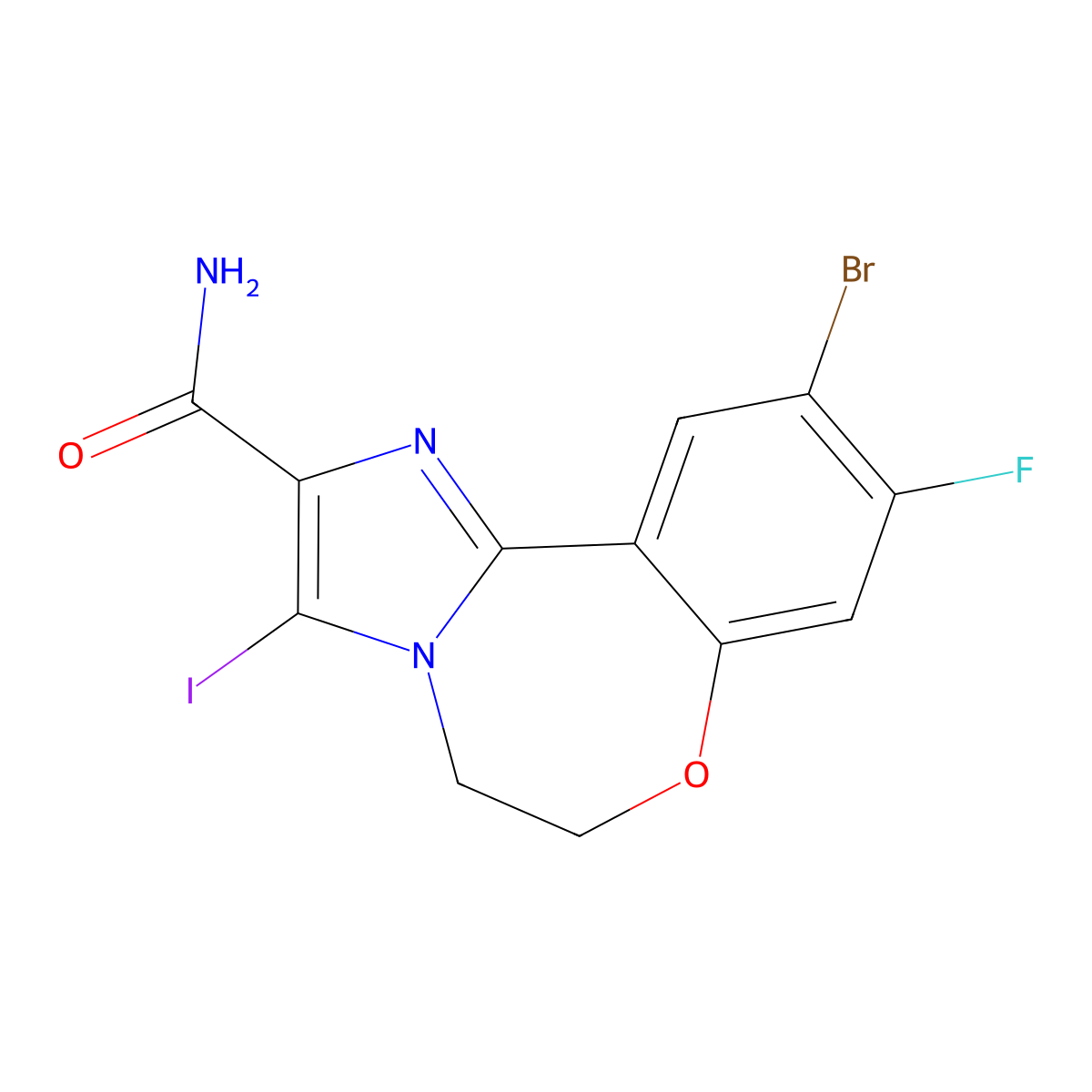 10-Bromo-9-fluoro-3-iodo-5,6-dihydrobenzo[f]imidazo[1,2-d][1,4]oxazepine-2-carboxamide molecular structure, CAS 1451084-99-3