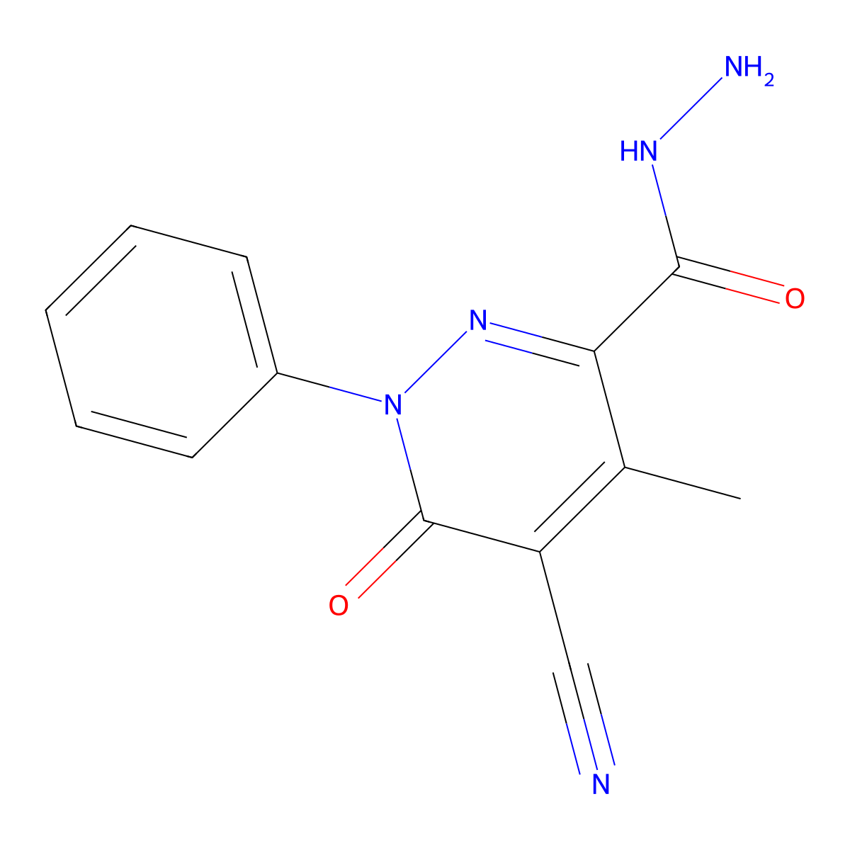 5-Cyano-4-methyl-6-oxo-1-phenyl-1,6-dihydropyridazine-3-carbohydrazide molecular structure, CAS 145121-27-3