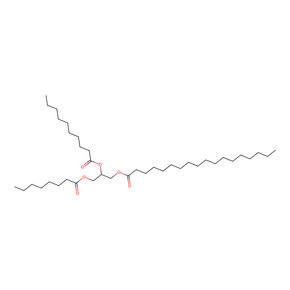 Octadecanoic acid, 2-[(1-oxodecyl)oxy]-3-[(1-oxooctyl)oxy]propyl ester molecular structure, CAS 145135-21-3