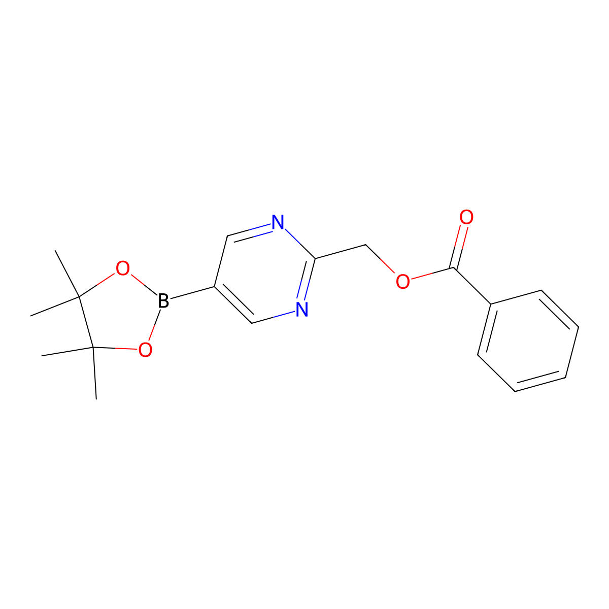 (5-(4,4,5,5-Tetramethyl-[1,3,2]dioxaborolan-2-yl)pyrimidin-2-yl)methyl benzoate molecular structure, CAS 1451391-23-3
