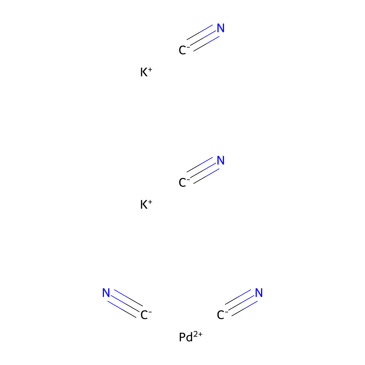 Palladate(2-), tetrakis(cyano-kappaC)-, potassium (1:2), (SP-4-1)- molecular structure, CAS 14516-46-2