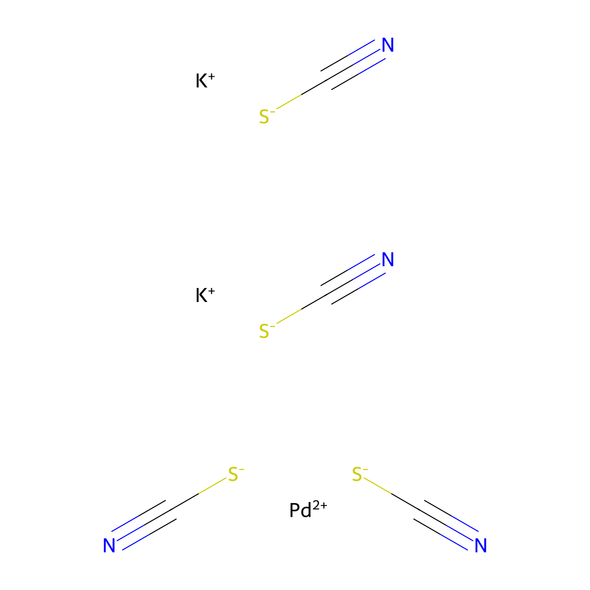 dipotassium tetrakis(thiocyanato-S)palladate(2-) molecular structure, CAS 14516-47-3