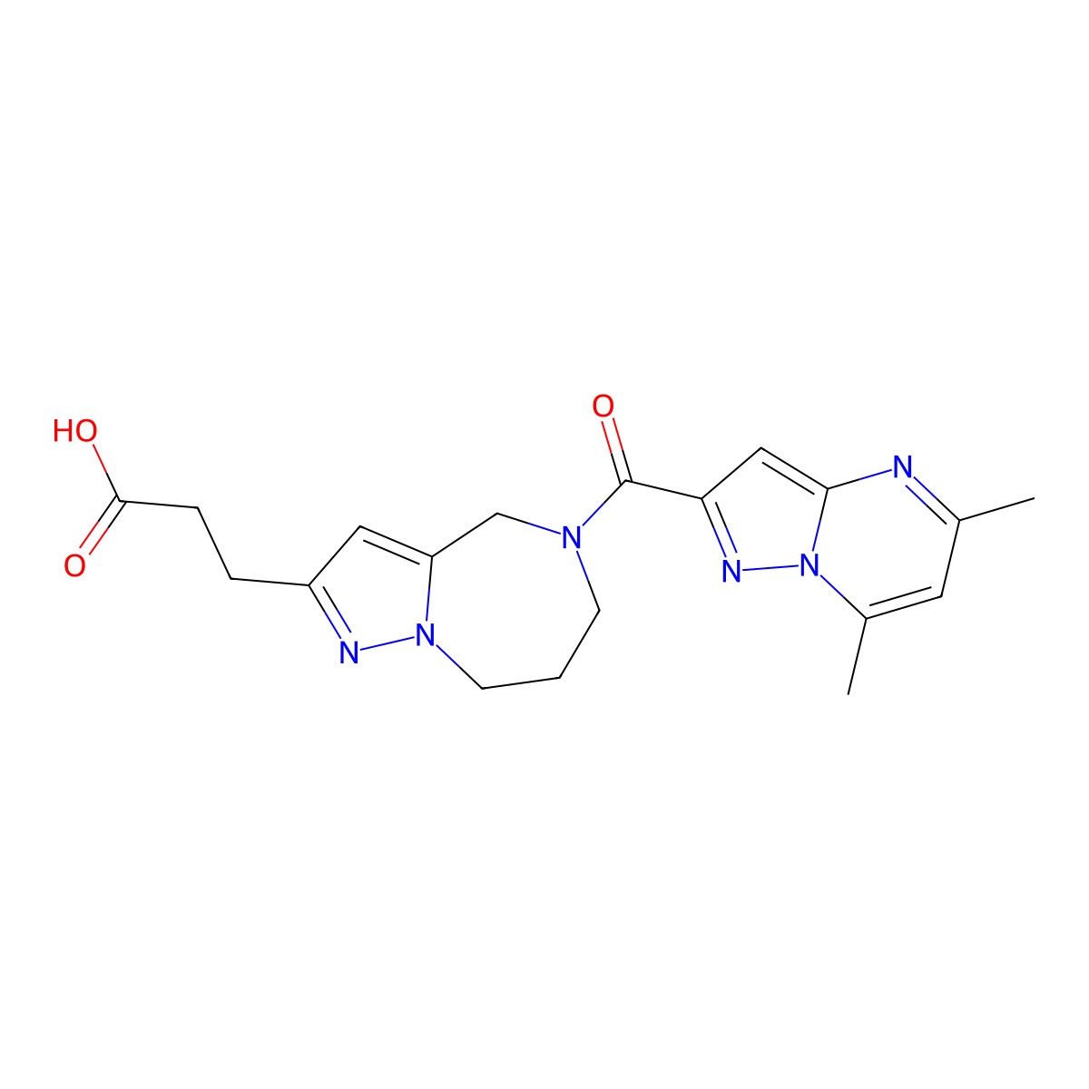 3-(5-(5,7-Dimethylpyrazolo[1,5-a]pyrimidine-2-carbonyl)-5,6,7,8-tetrahydro-4H-pyrazolo[1,5-a][1,4]diazepin-2-yl)propanoic acid molecular structure, CAS 1452893-02-5