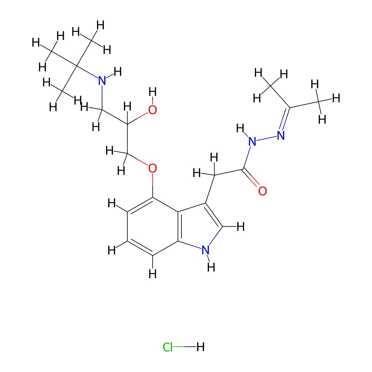 1H-Indole-3-acetic acid, 4-(3-((1,1-dimethylethyl)amino)-2-hydroxypropoxy)-, (1-methylethylidene)hydrazide, monohydrochloride molecular structure, CAS 145296-57-7