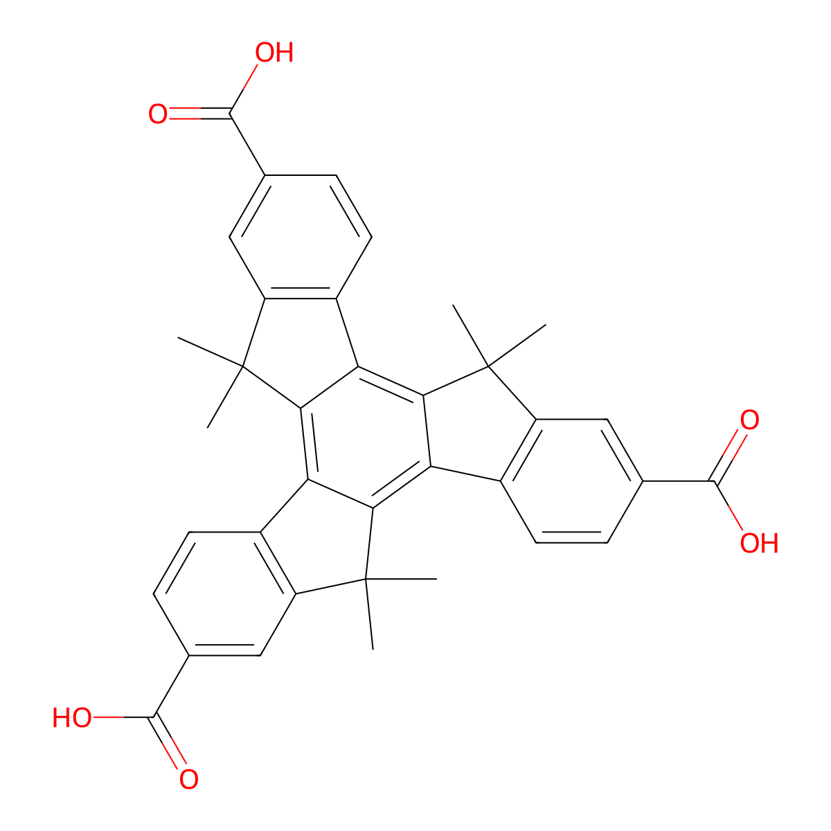 5,5,10,10,15,15-Hexamethyl-10,15-dihydro-5H-diindeno[1,2-A:1',2'-C]fluorene-2,7,12-tricarboxylic acid molecular structure, CAS 1453220-01-3