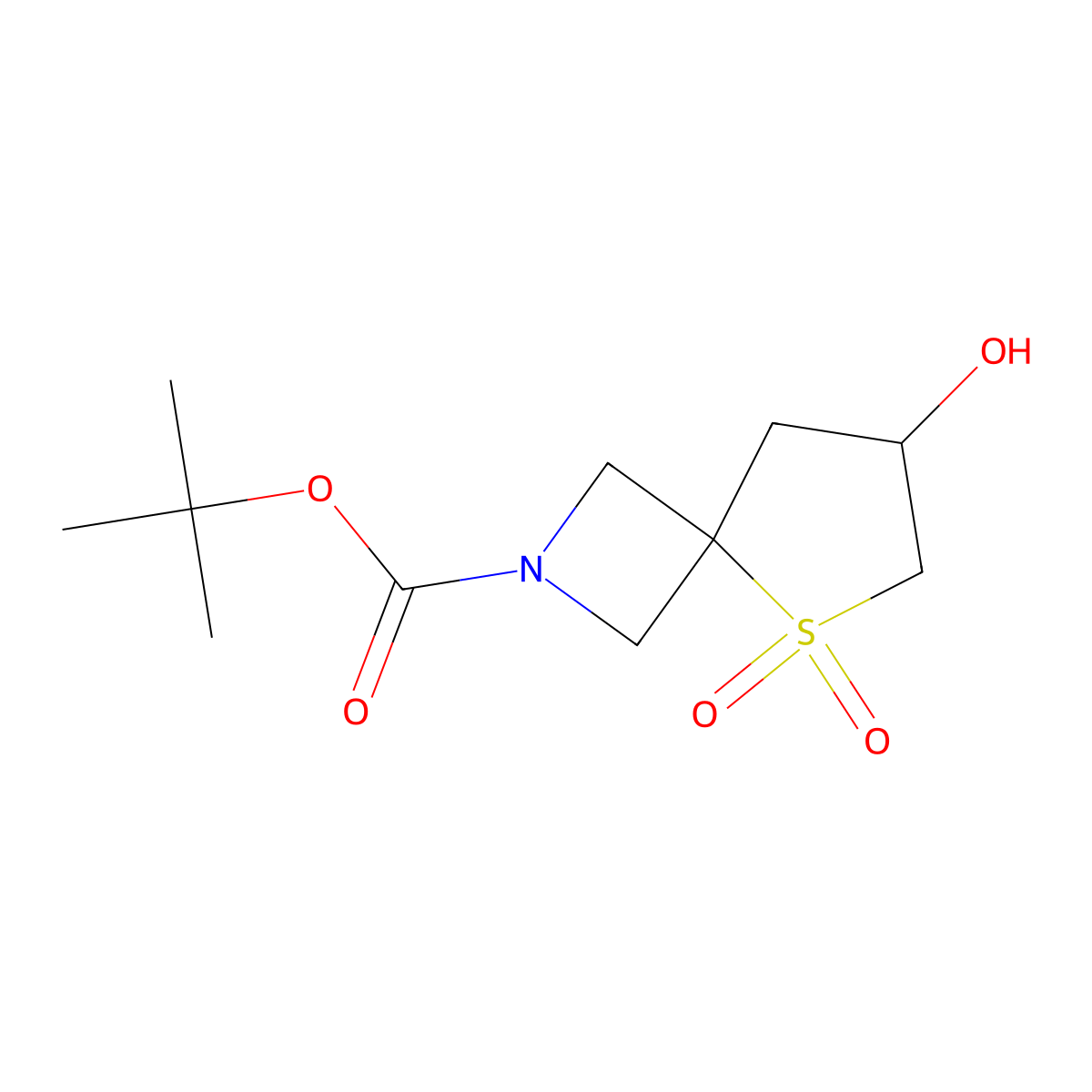 5-Thia-2-azaspiro(3.4)octane-2-carboxylic acid, 7-hydroxy-, 1,1-dimethylethyl ester, 5,5-dioxide molecular structure, CAS 1453315-78-0
