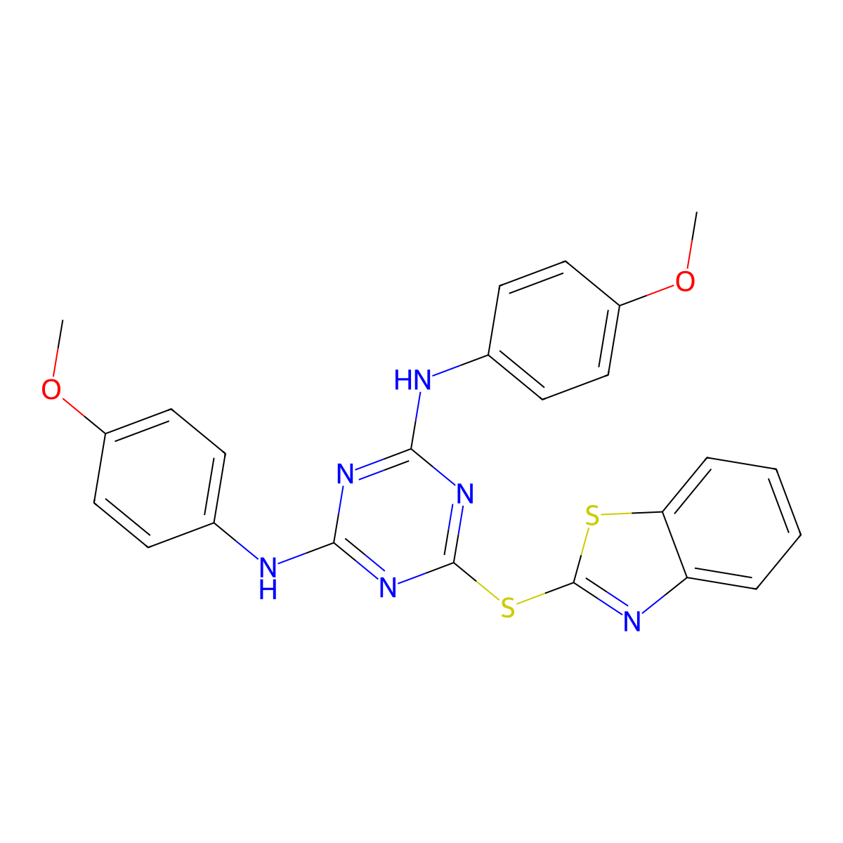 6-(1,3-benzothiazol-2-ylsulfanyl)-N,N'-bis(4-methoxyphenyl)-1,3,5-triazine-2,4-diamine molecular structure, CAS 145353-24-8