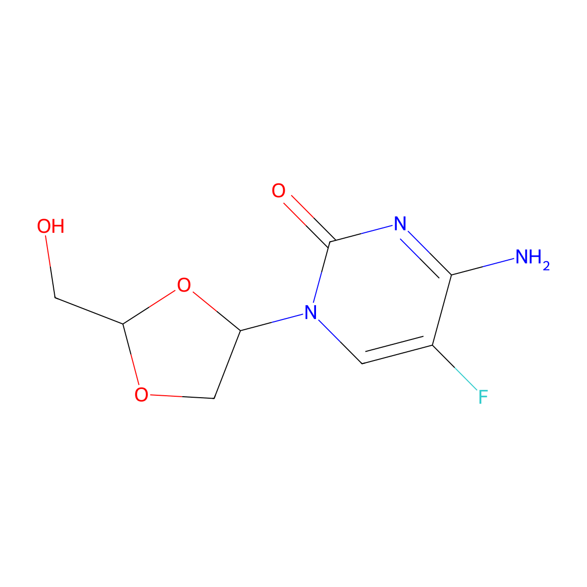 4-amino-5-fluoro-1-[(2R,4R)-2-(hydroxymethyl)-1,3-dioxolan-4-yl]pyrimidin-2-one molecular structure, CAS 145417-33-0