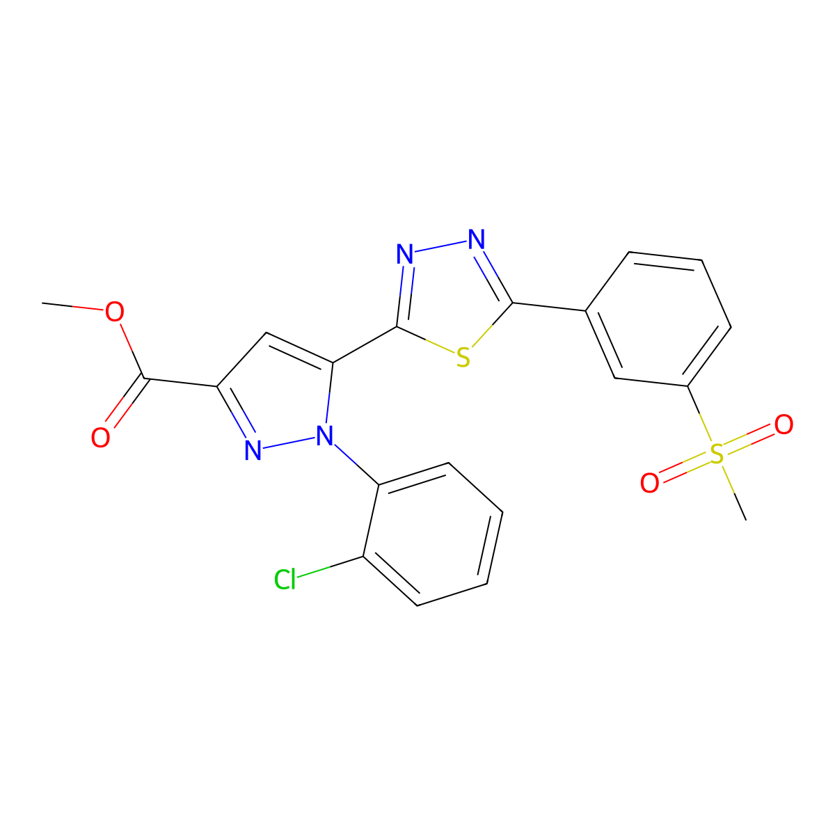 methyl 1-(2-chlorophenyl)-5-(5-(3-(methylsulfonyl)phenyl)-1,3,4-thiadiazol-2-yl)-1H-pyrazole-3-carboxylate molecular structure, CAS 1454288-71-1