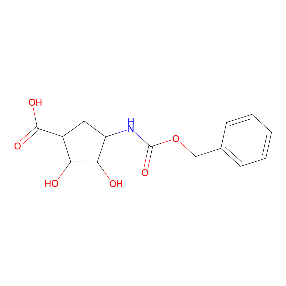 rac-(1R,2S,3R,4S)-4-{[(benzyloxy)carbonyl]amino}-2,3-dihydroxycyclopentane-1-carboxylic acid molecular structure, CAS 145451-85-0