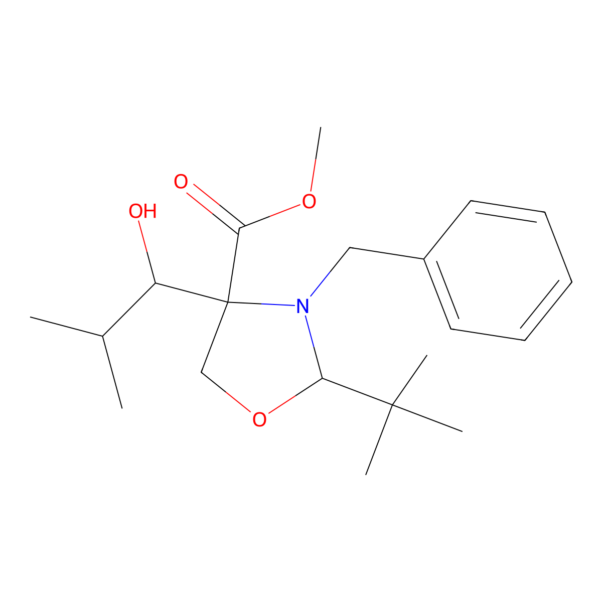 (2R,4S)-2-t-Butyl-N-benzyl-4-[1-(S)-hydroxy-2-methylpropyl]-oxazolidine-4-carboxylic Acid, Methyl Ester molecular structure, CAS 145451-90-7