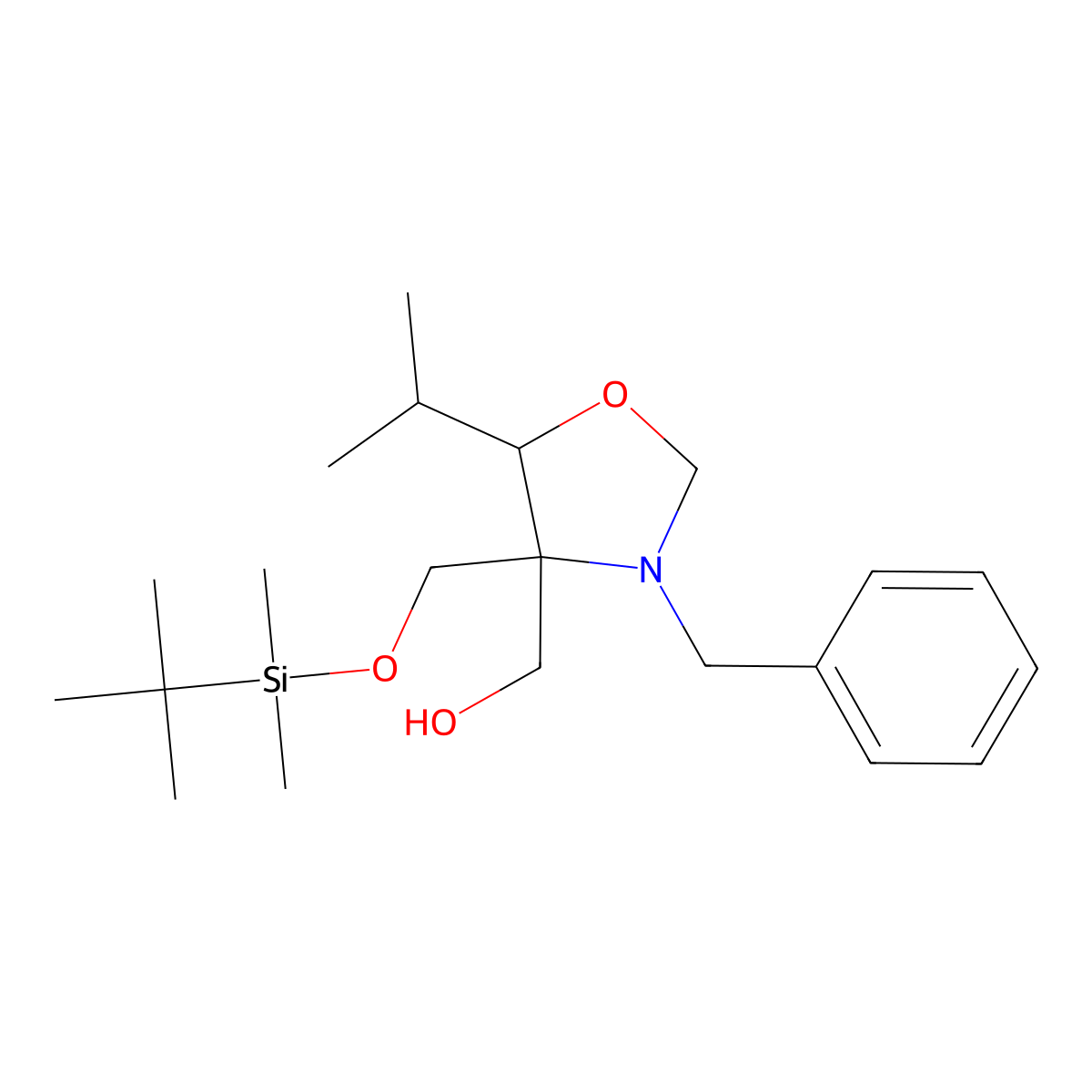 (4R,5S)-N-Benzyl-4-(t-butyldimethylsilyloxymethyl)-4-hydroxymethyl-5-isopropyloxazoladine molecular structure, CAS 145452-01-3