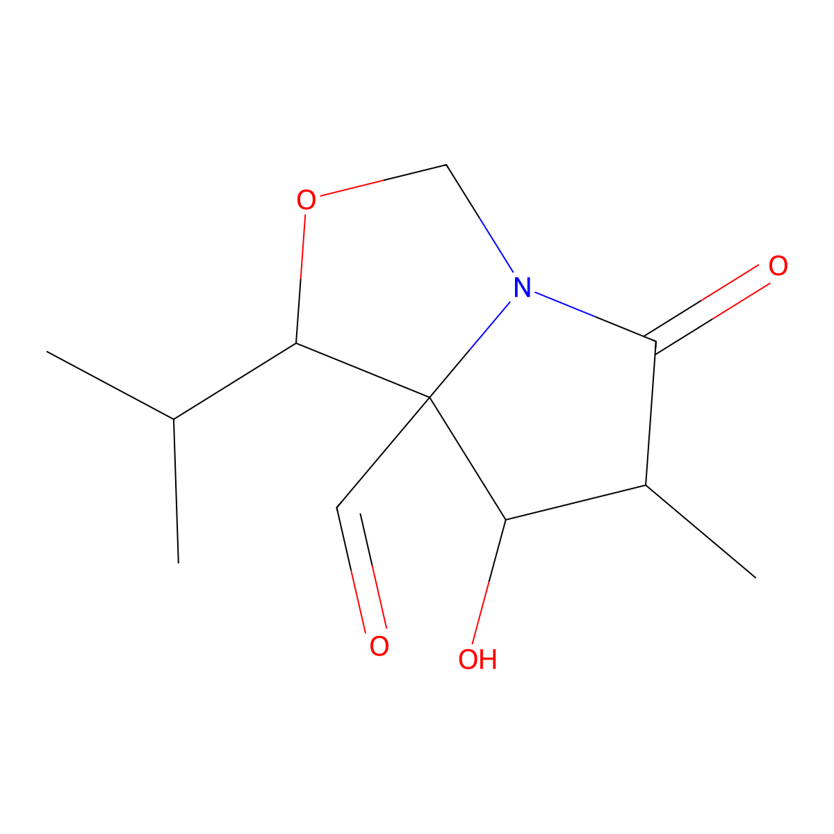 (3R,4S,5R,6S)-1-Aza-4-hydroxy-5-formyl-6-isopropyl-3-methyl-7-oxabicycl[3.3.0]octan-2-one molecular structure, CAS 145452-03-5