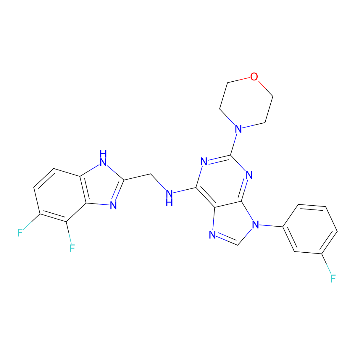N-((6,7-Difluoro-1H-benzo[d]imidazol-2-yl)methyl)-9-(3-fluorophenyl)-2-morpholino-9H-purin-6-amine molecular structure, CAS 1454585-06-8