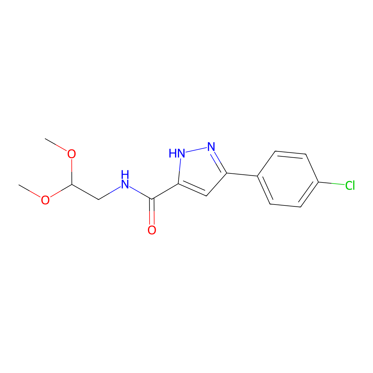 3-(4-Chlorophenyl)-N-(2,2-dimethoxyethyl)-1H-pyrazole-5-carboxamide molecular structure, CAS 1454587-50-8