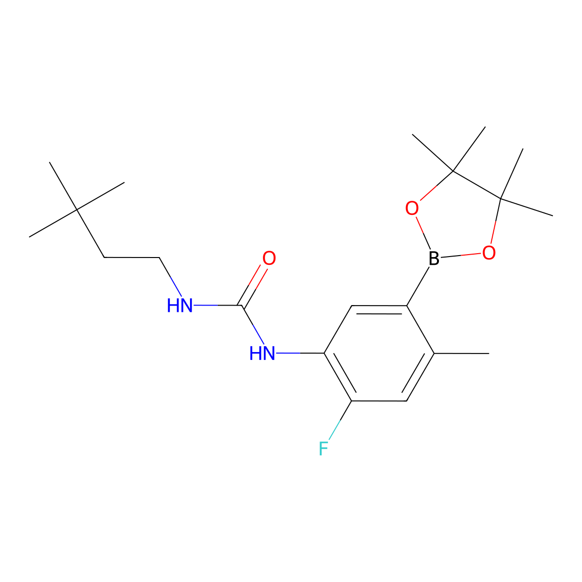 1-(3,3-Dimethylbutyl)-3-(2-fluoro-4-methyl-5-(4,4,5,5-tetramethyl-1,3,2-dioxaborolan-2-yl)phenyl)urea molecular structure, CAS 1454682-74-6