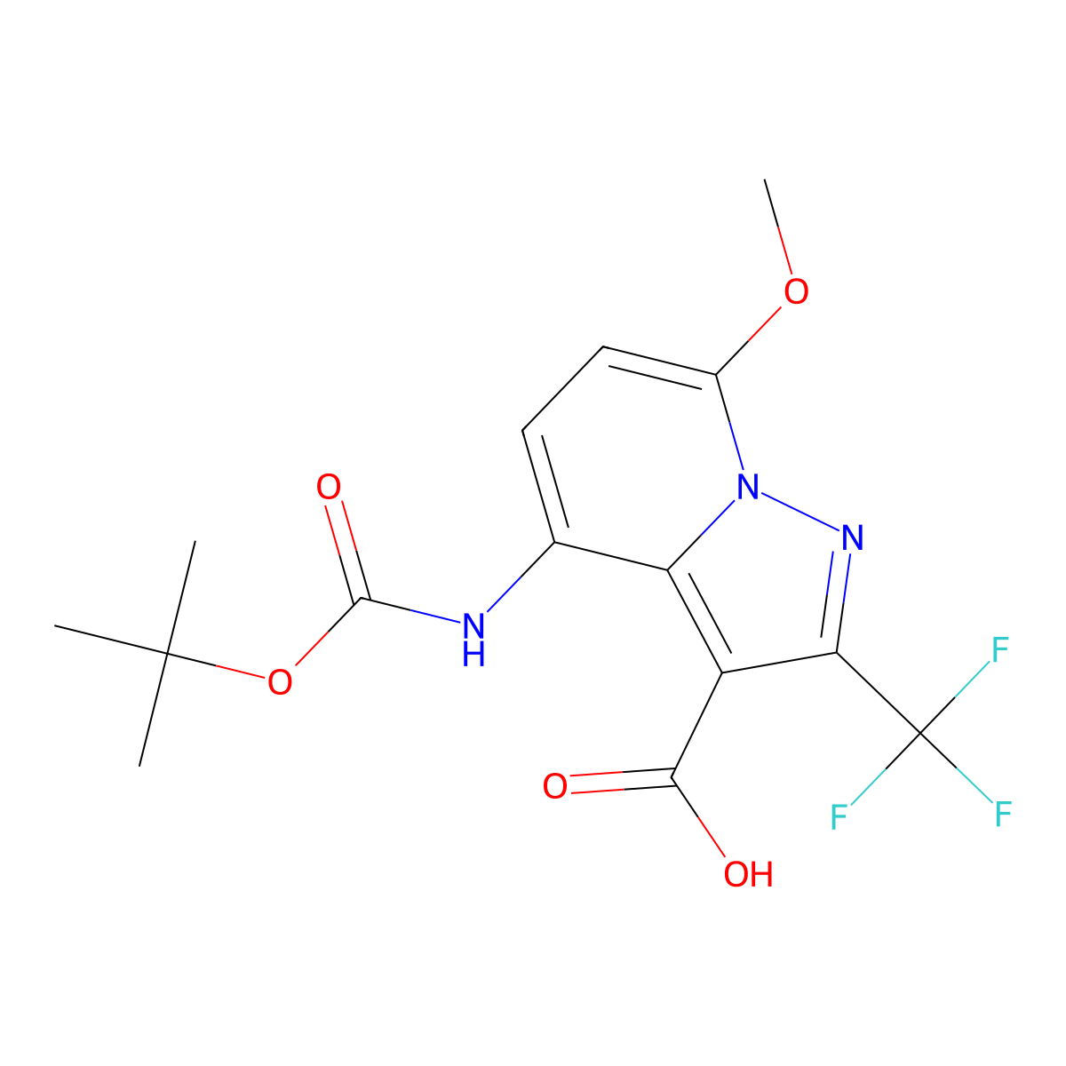 4-((Tert-butoxycarbonyl)amino)-7-methoxy-2-(trifluoromethyl)pyrazolo[1,5-A]pyridine-3-carboxylic acid molecular structure, CAS 1454802-84-6