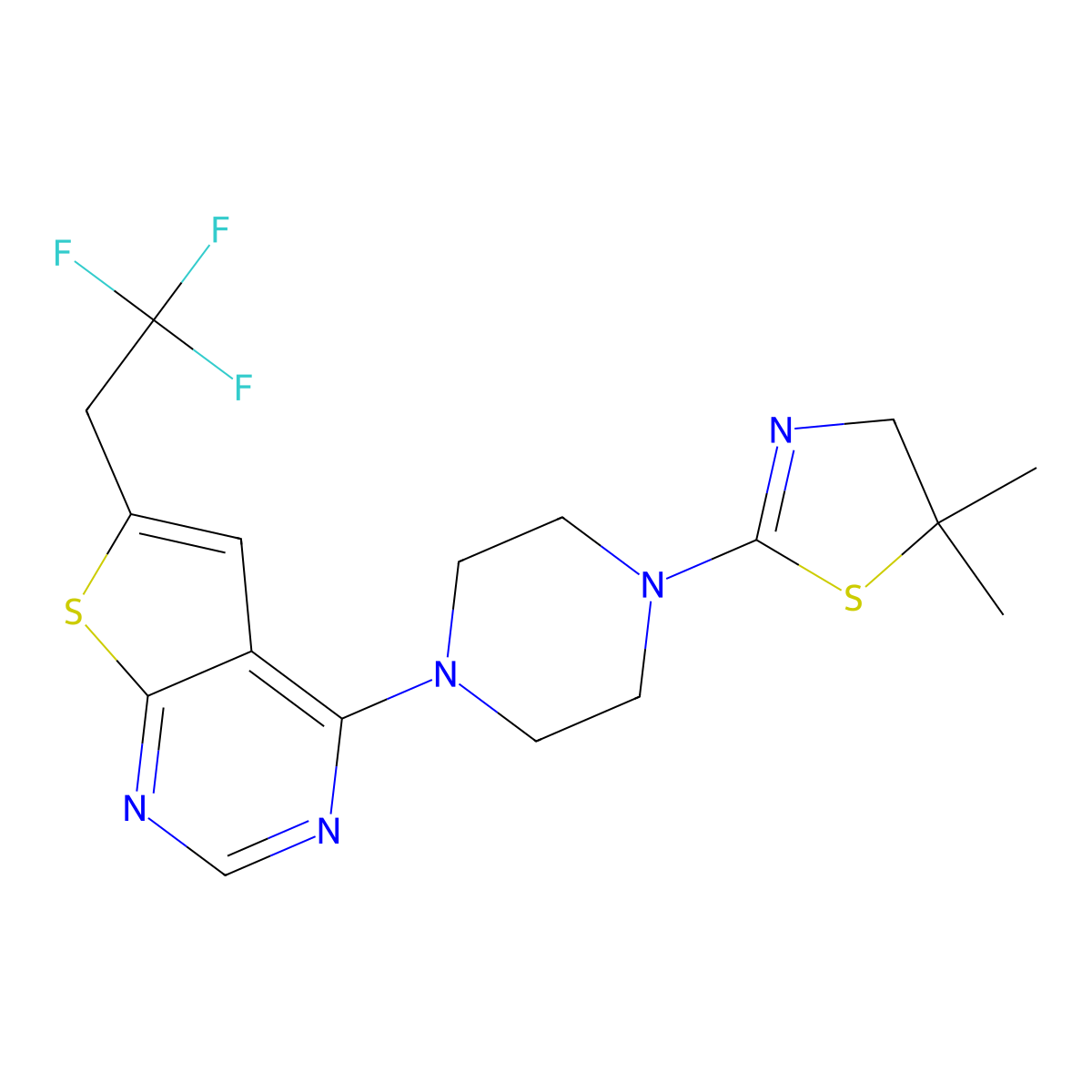 4-(4-(5,5-Dimethyl-4,5-dihydrothiazol-2-yl)piperazin-1-yl)-6-(2,2,2-trifluoroethyl)thieno[2,3-d]pyrimidine molecular structure, CAS 1454920-20-7