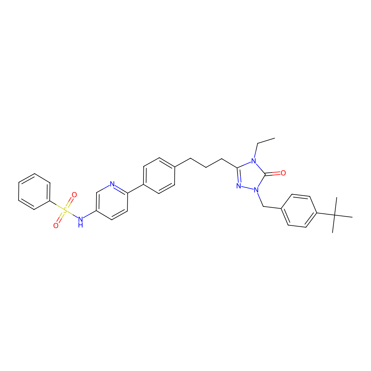 N-[6-[4-[3-[1-[(4-tert-butylphenyl)methyl]-4-ethyl-5-oxo-1,2,4-triazol-3-yl]propyl]phenyl]pyridin-3-yl]benzenesulfonamide molecular structure, CAS 1454925-59-7