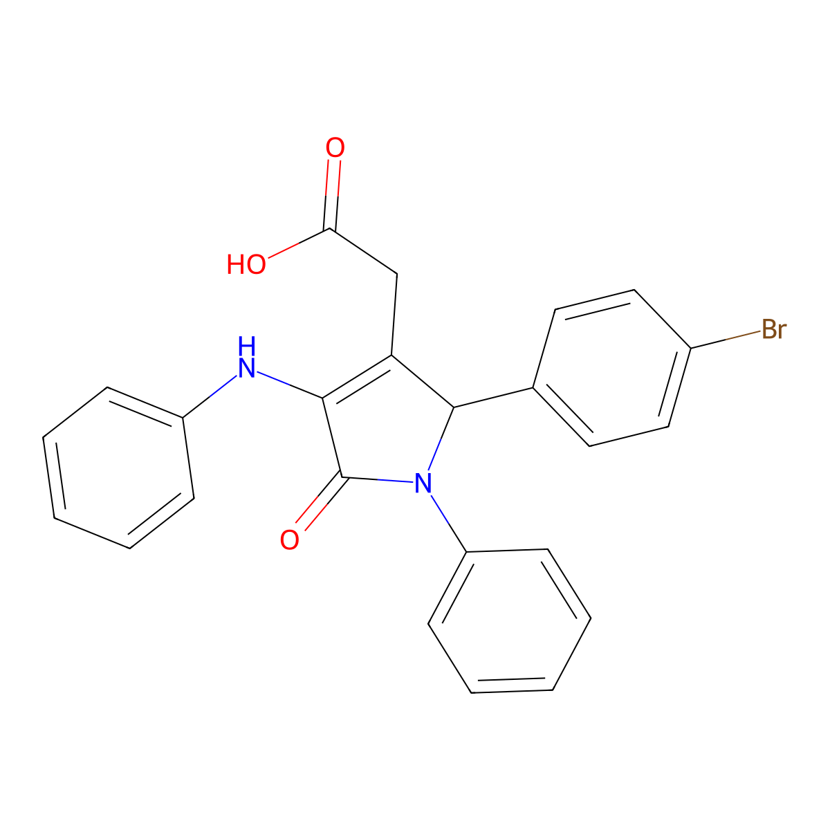 1H-Pyrrole-3-acetic acid, 2,5-dihydro-2-(4-bromophenyl)-5-oxo-1-phenyl-4-(phenylamino)- molecular structure, CAS 145510-84-5