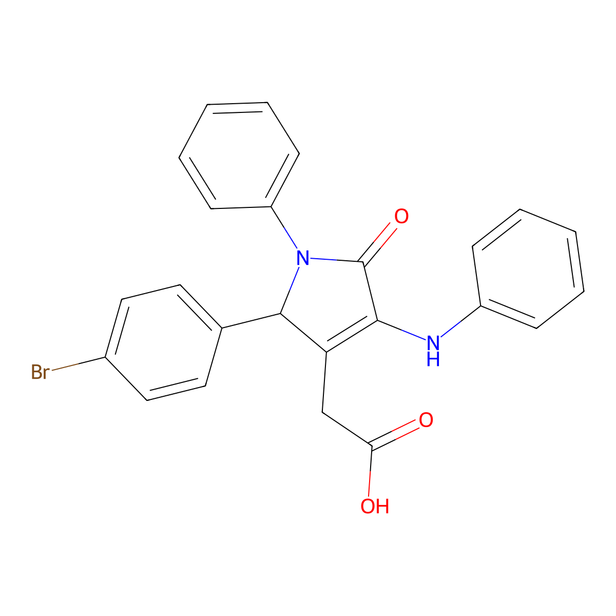 1H-Pyrrole-3-acetic acid, 2,5-dihydro-2-(4-bromophenyl)-5-oxo-1-phenyl-4-(phenylamino)- molecular structure, CAS 145510-84-5