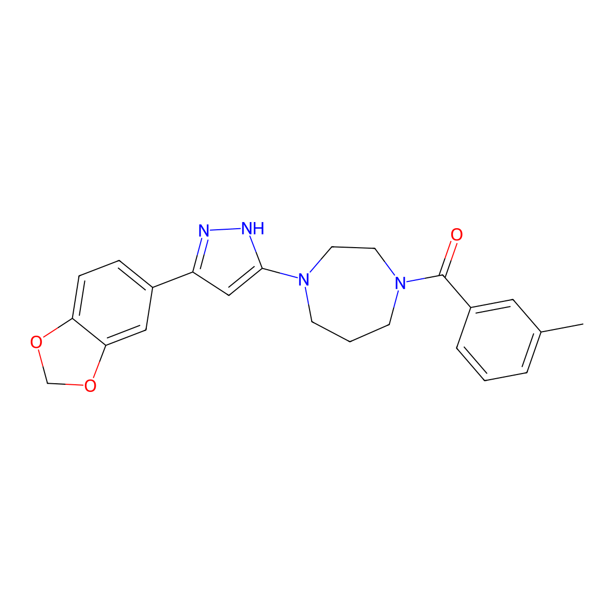 (4-(3-(benzo[d][1,3]dioxol-5-yl)-1H-pyrazol-5-yl)-1,4-diazepan-1-yl)(m-tolyl)methanone molecular structure, CAS 1455461-40-1