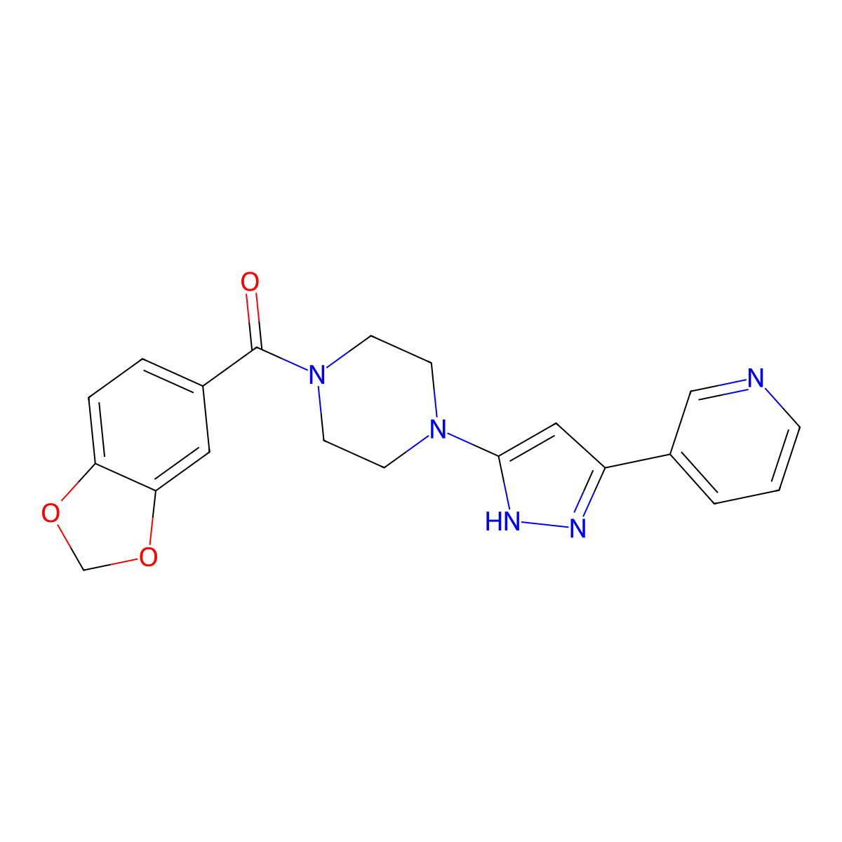 benzo[d][1,3]dioxol-5-yl(4-(3-(pyridin-3-yl)-1H-pyrazol-5-yl)piperazin-1-yl)methanone molecular structure, CAS 1455461-79-6